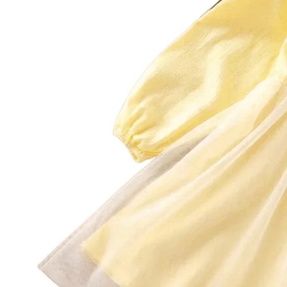 Yellow Dress, Girl Easter Sz 4T, Tulle Overlay, Long Sleeve, Eyelet Pearl Flower - Picture 6 of 8